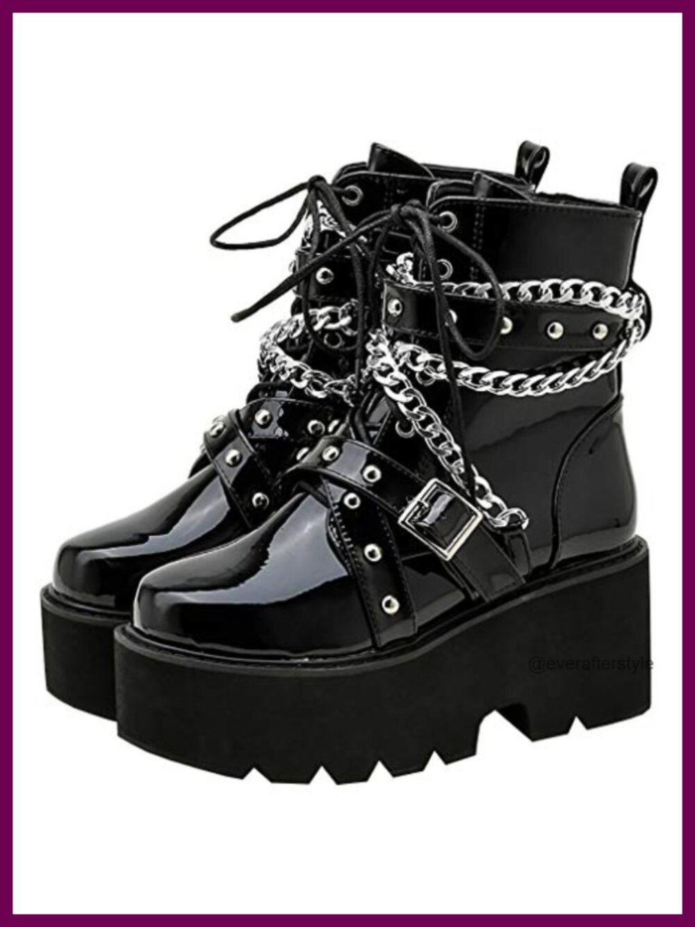 Patent Ankle Combat Boots with Platform Chunky Heel Lace Up Punk Short Booties